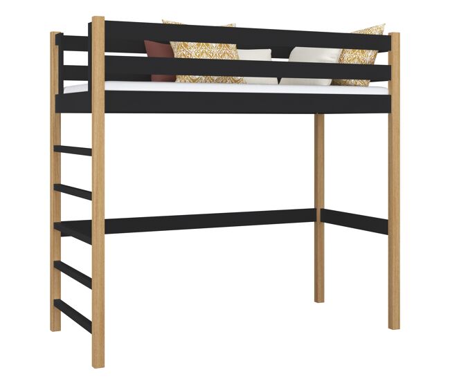 Cama alta de madera N01 negro / roble