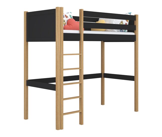 Cama alta de madera N06 negro / roble