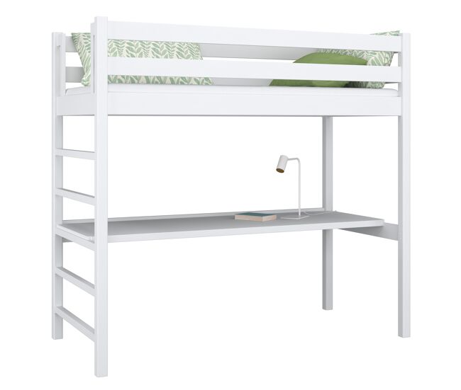 Cama alta de madera con escritorio N01 blanco