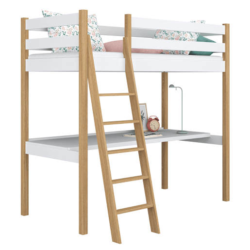 Cama alta de madeira com secretária N03 branco e carvalho