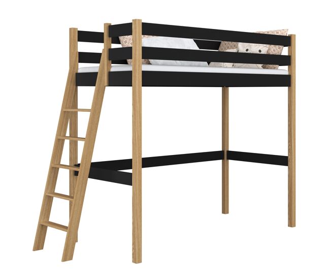 Cama alta de madera N02 negro / roble