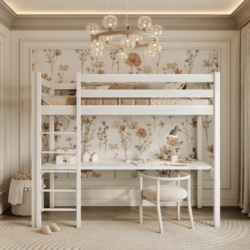 Cama alta de madeira com secretária N05 branco