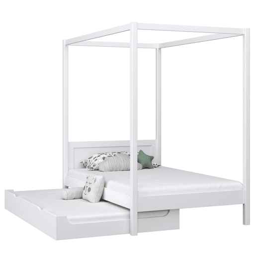Cama individual de madeira com dossel e gaveta para colchão extra N02 branco