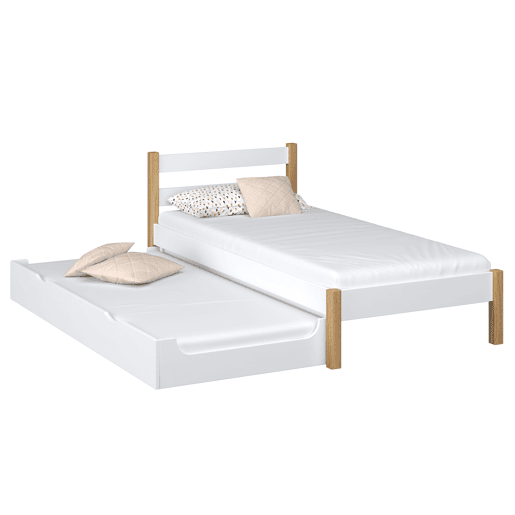 Cama individual de madeira com gaveta para colchão N01 branco e carvalho