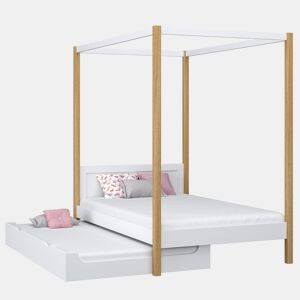Cama individual de madeira com dossel e gaveta para colchão extra N02 branco e carvalho