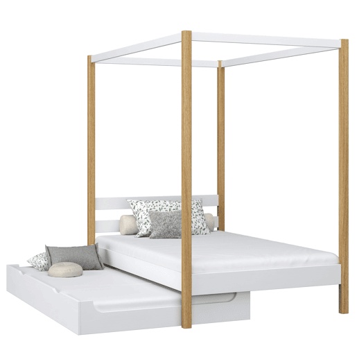 Cama individual de madeira com dossel e gaveta para colchão extra N01 branco e carvalho