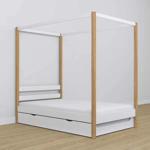 Cama individual de madeira com dossel e gaveta para colchão extra N01 branco e carvalho