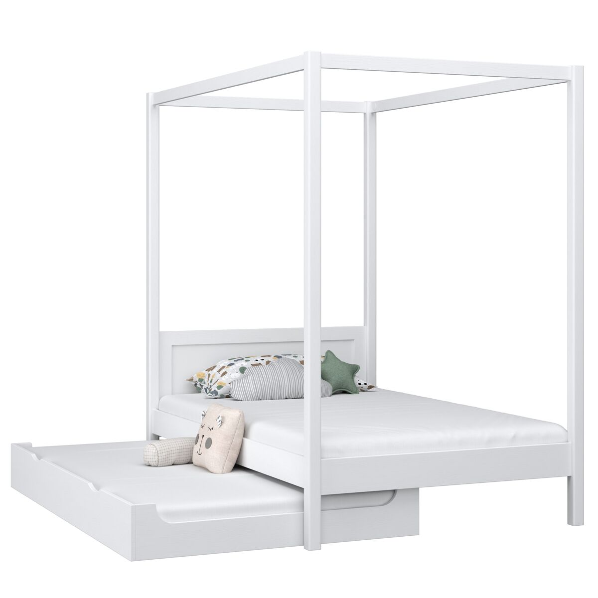 Cama individual de madera con dosel y cajón para colchón n02 blanco