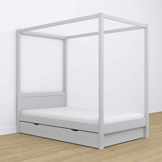 Cama individual de madeira com dossel e gaveta N02 cinza