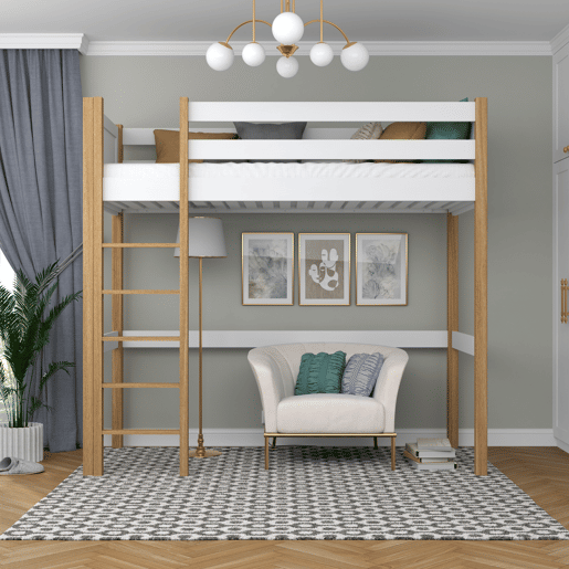 Cama alta de madeira N06 branco e carvalho Cama alta de madeira N06 branco e carvalho