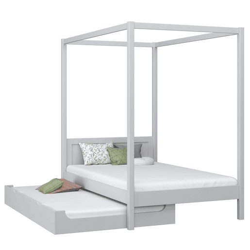 Cama individual de madeira com dossel e gaveta para colchão extra N02 cinza