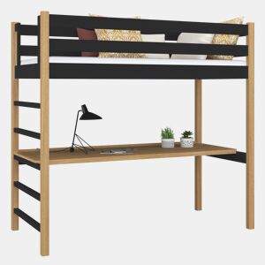 Cama alta de madeira com secretária N01 preto e carvalho