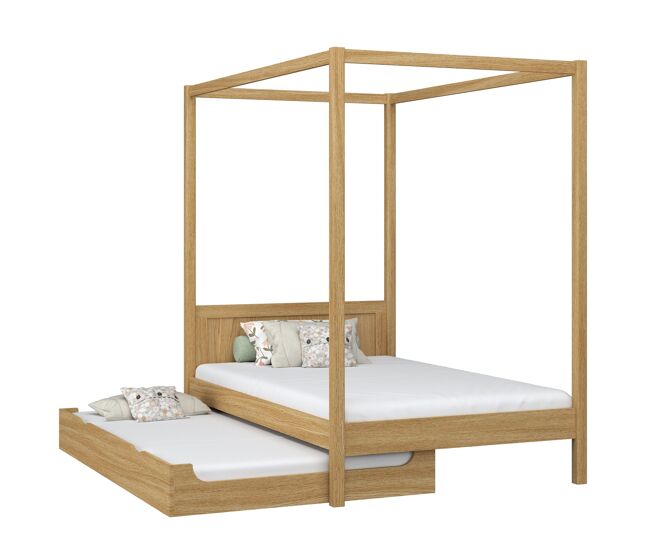 Cama individual de roble con dosel y cajón para colchón adicional N02 roble natural