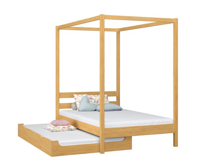 Cama individual de madera con dosel y cajón para colchón n01 pino natural