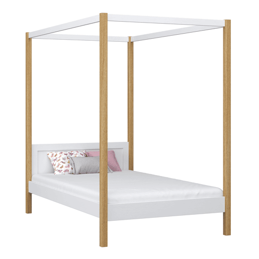 Cama individual de madeira com dossel N02 branco e carvalho Cama individual de madeira com dossel N02 branco e carvalho