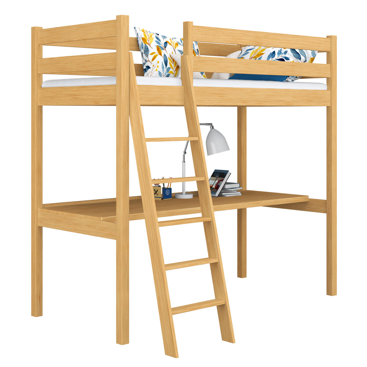 Cama alta de madera con escritorio N03 120x180