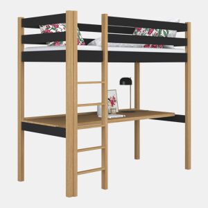 Cama alta de madeira com secretária N05 preto e carvalho