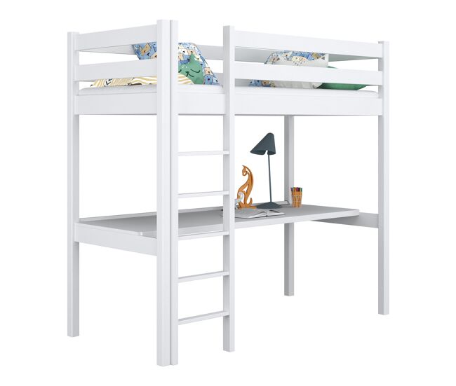 Cama alta de madera con escritorio n05 blanco