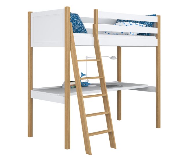 Cama alta de madera con escritorio n04 blanco / roble