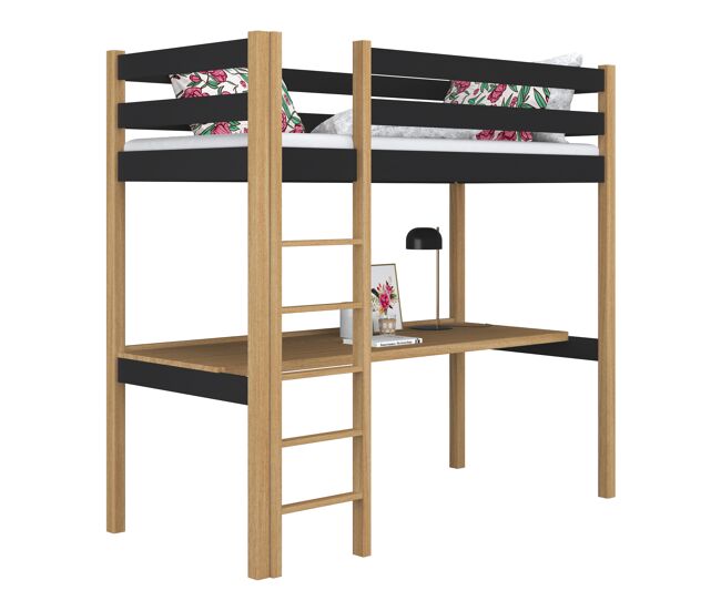 Cama alta de madera con escritorio n05 negro / roble