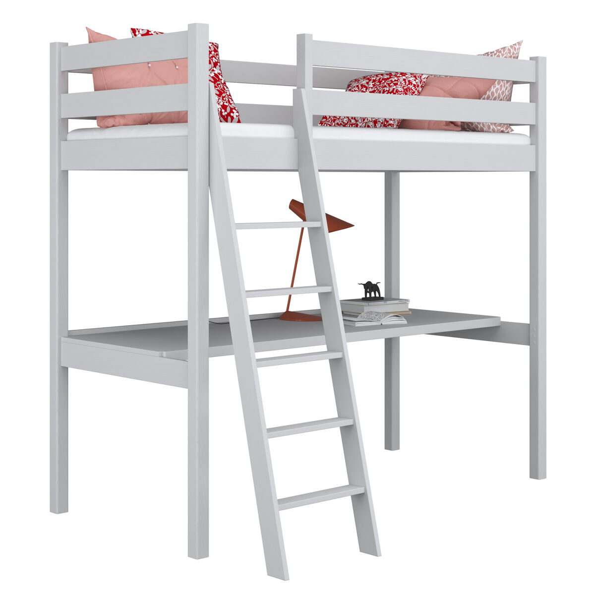 Cama alta de madera con escritorio n03 gris