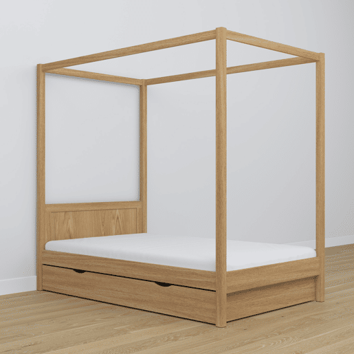Cama individual de carvalho com dossel e gaveta N02 carvalho natural