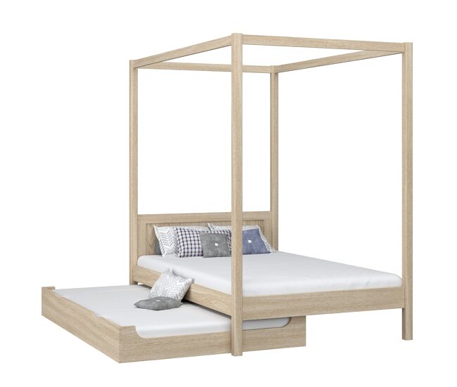Cama individual de roble con dosel y cajón para colchón adicional N02 roble blanqueado