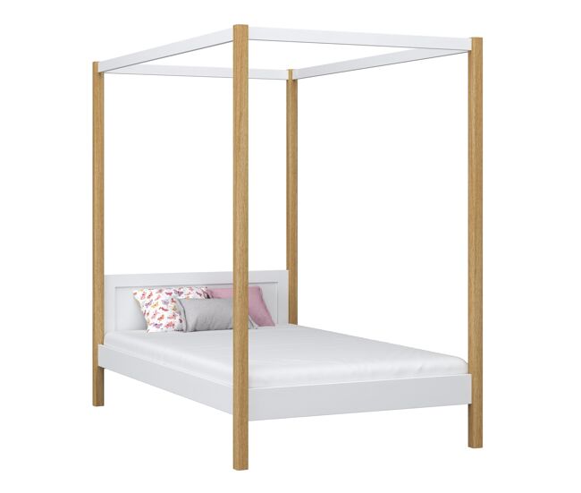 Cama individual de madera con dosel n02 blanco / roble