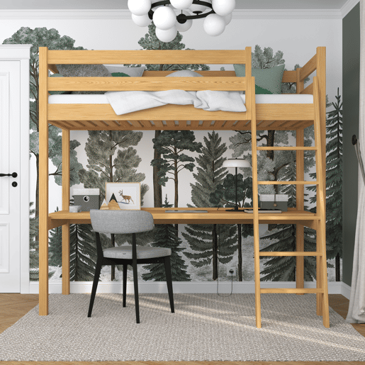 Cama alta de madeira com secretária N03 pinho natural