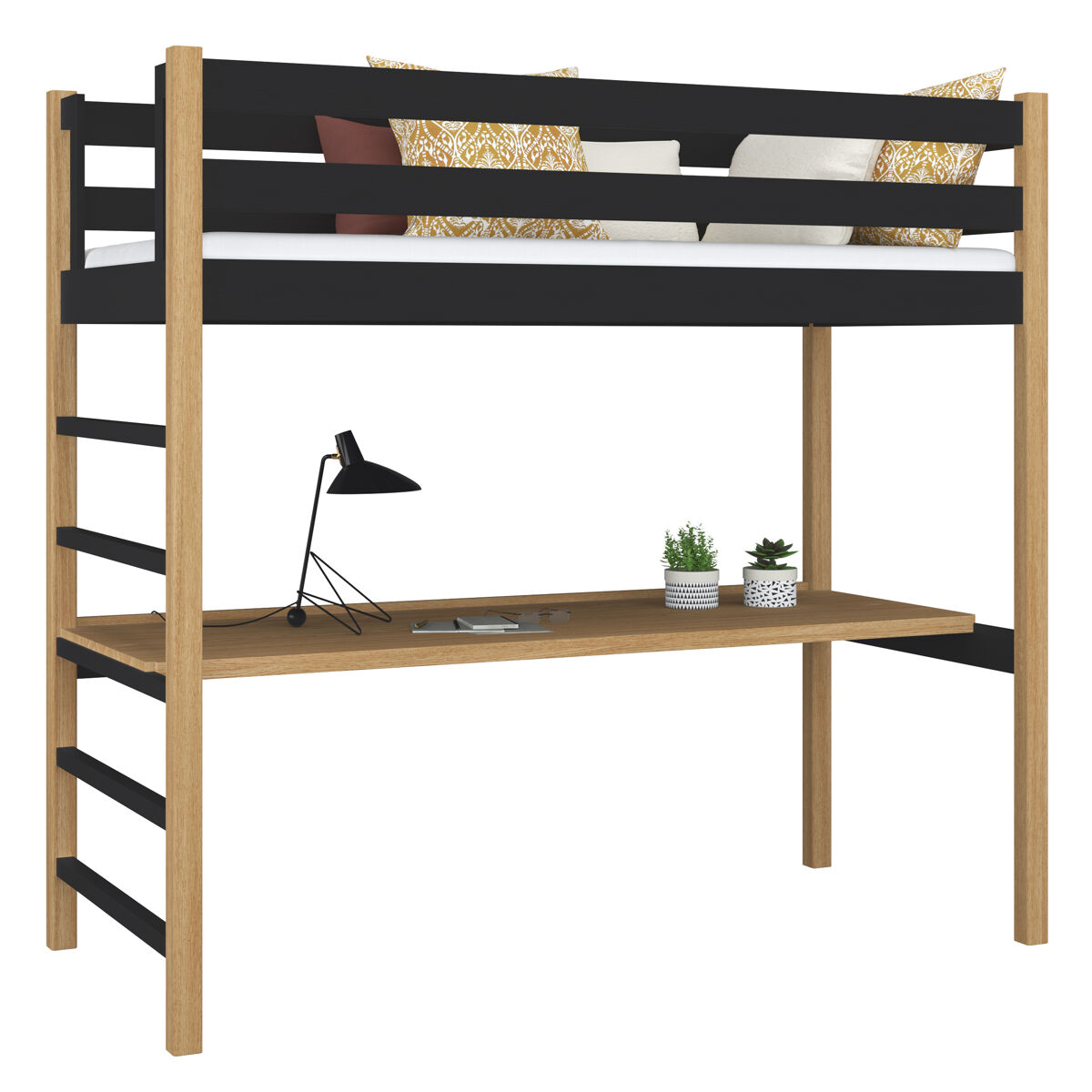 Cama alta de madera con escritorio n01 negro / roble