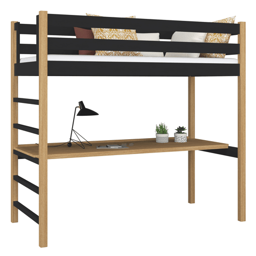 Cama alta de madeira com secretária N01 preto e carvalho