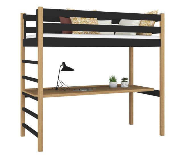 Cama alta de madera con escritorio n01 negro / roble