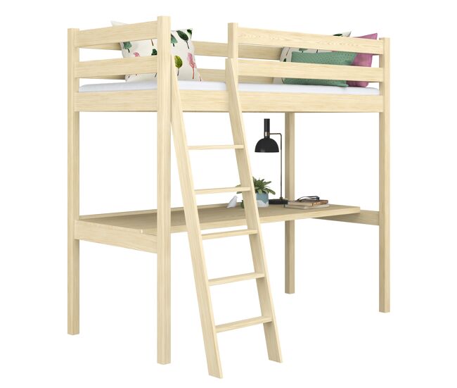 Cama alta de madera con escritorio n03 pino incoloro