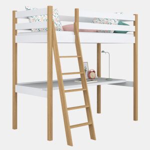 Cama alta de madeira com secretária N03 branco e carvalho