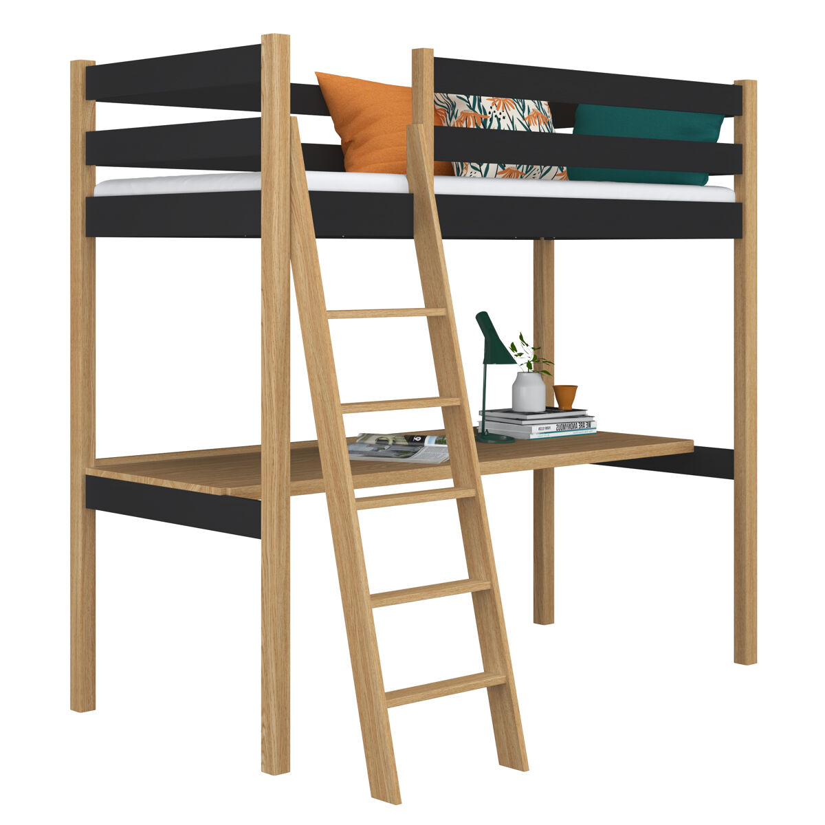 cama alta de madera con escritorio n03 negro  roble
