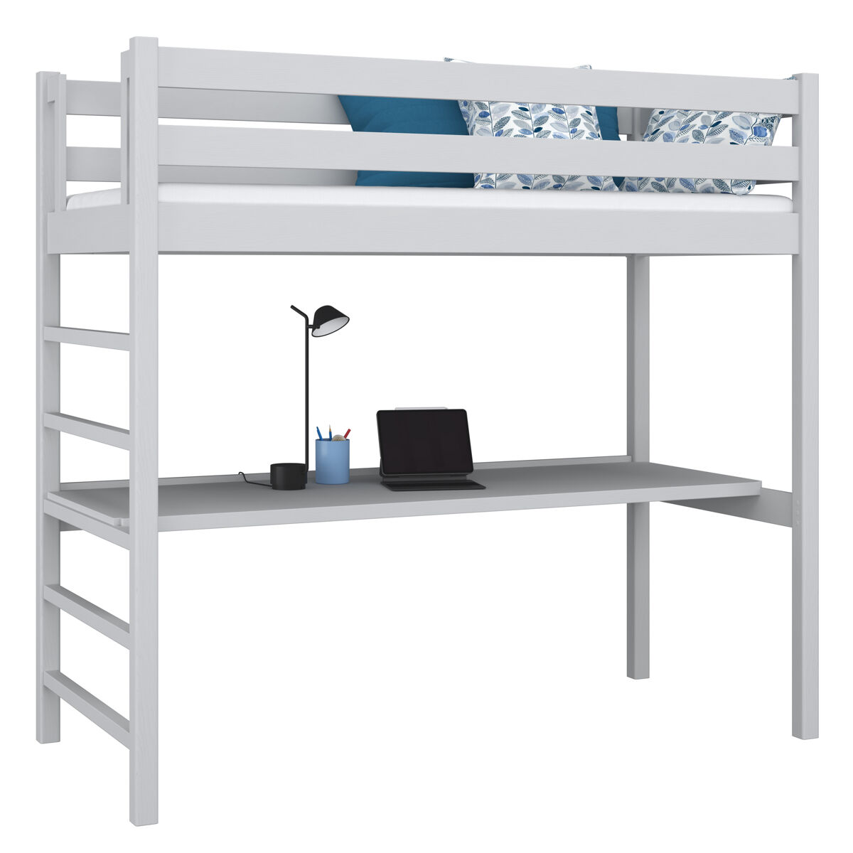 Cama alta de madera con escritorio n01 gris