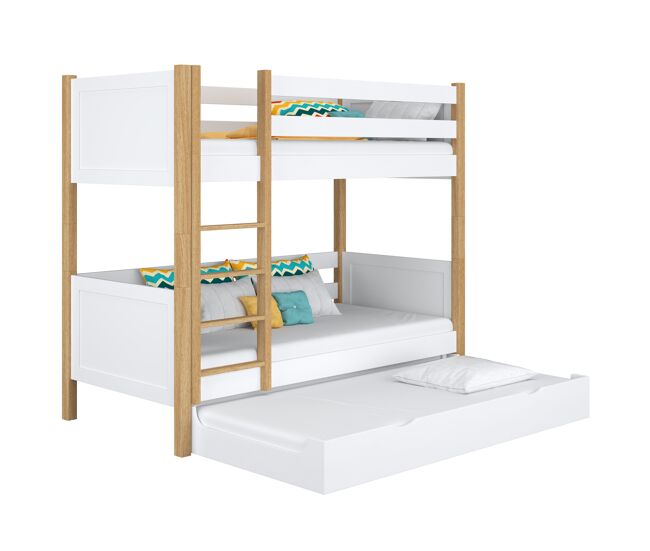 Litera de madera con cajón para colchón n02 blanco / roble