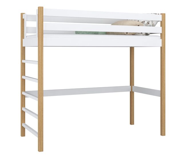 Cama alta de madera n01 blanco / roble