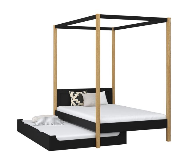 Cama individual de madera con dosel y cajón para colchón n02 negro / roble