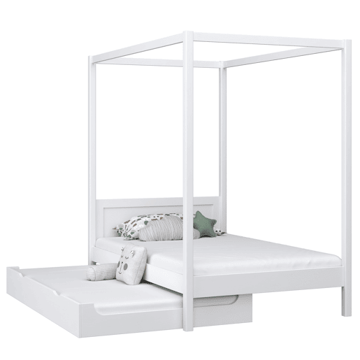 Cama individual de madeira com dossel e gaveta para colchão extra N02 branco