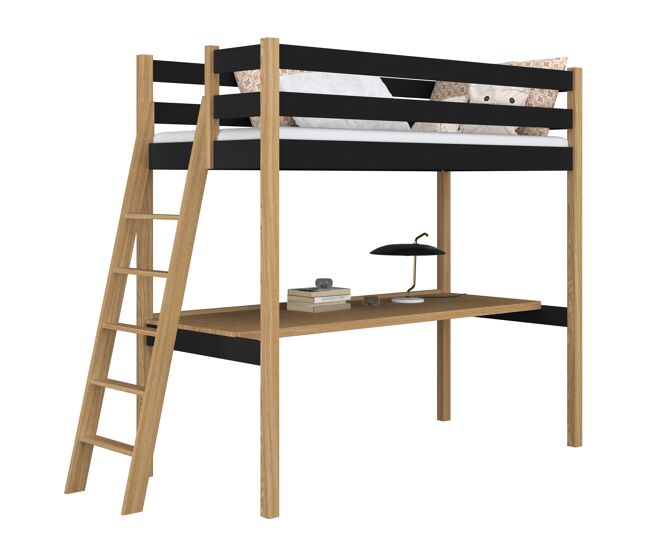 Cama alta de madera con escritorio n02 negro / roble