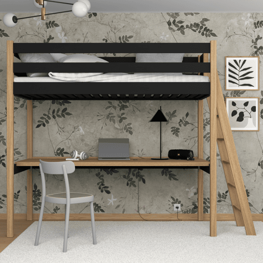 Cama alta de madeira com secretária N02 preto e carvalho