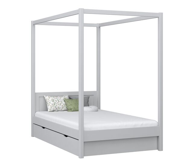 Cama individual de madera con dosel y cajón n02 gris