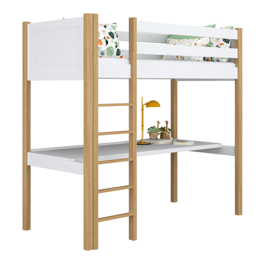 Cama alta de madeira com secretária N06 branco e carvalho Cama alta de madeira com secretária N06 branco e carvalho