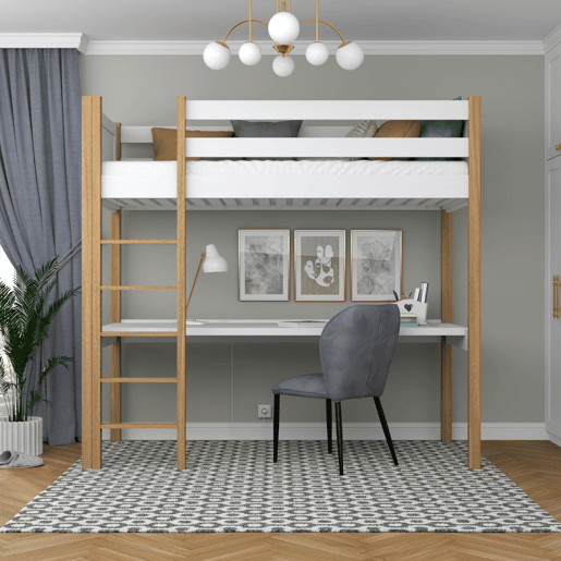 Cama alta de madeira com secretária N06 branco e carvalho Cama alta de madeira com secretária N06 branco e carvalho
