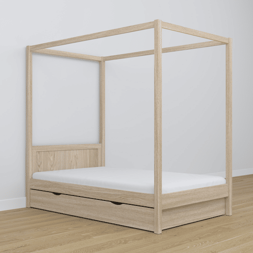 Cama individual de carvalho com dossel e gaveta N02 carvalho branqueado