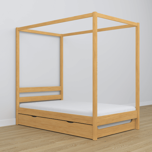 Cama individual de madeira com dossel e gaveta para colchão extra N01 pinho natural