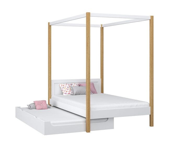 Cama individual de madera con dosel y cajón para colchón n02 blanco / roble