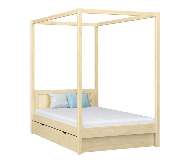 Cama individual de madera con dosel y cajón n02 pino incoloro