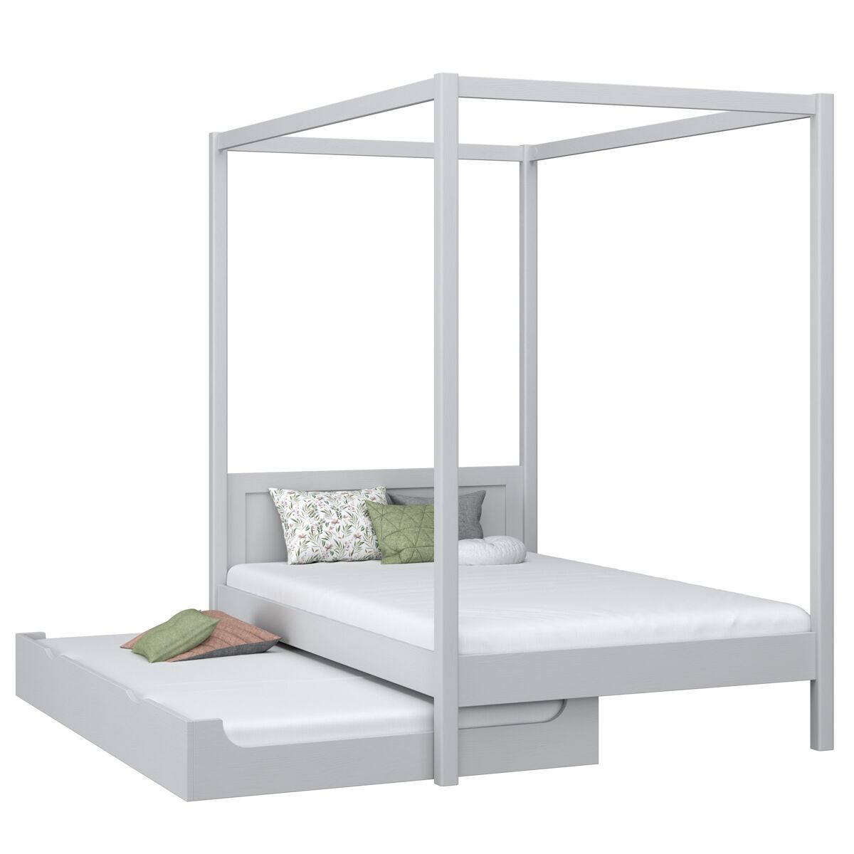 Cama individual de madera con dosel y cajón para colchón n02 gris